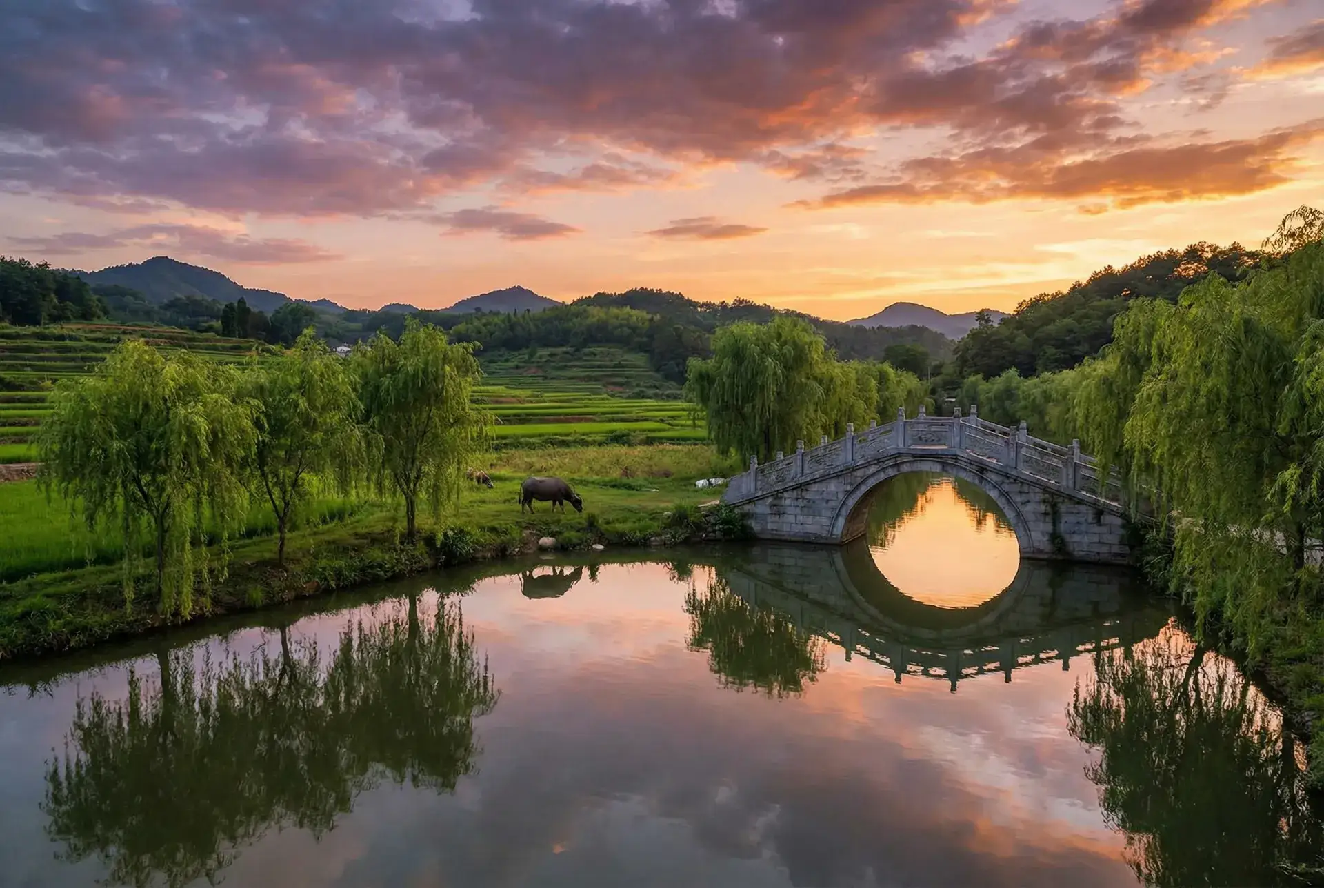 夕阳下的石拱桥与垂柳，水牛在河边吃草 - 一楼一凤官网 乡村美景